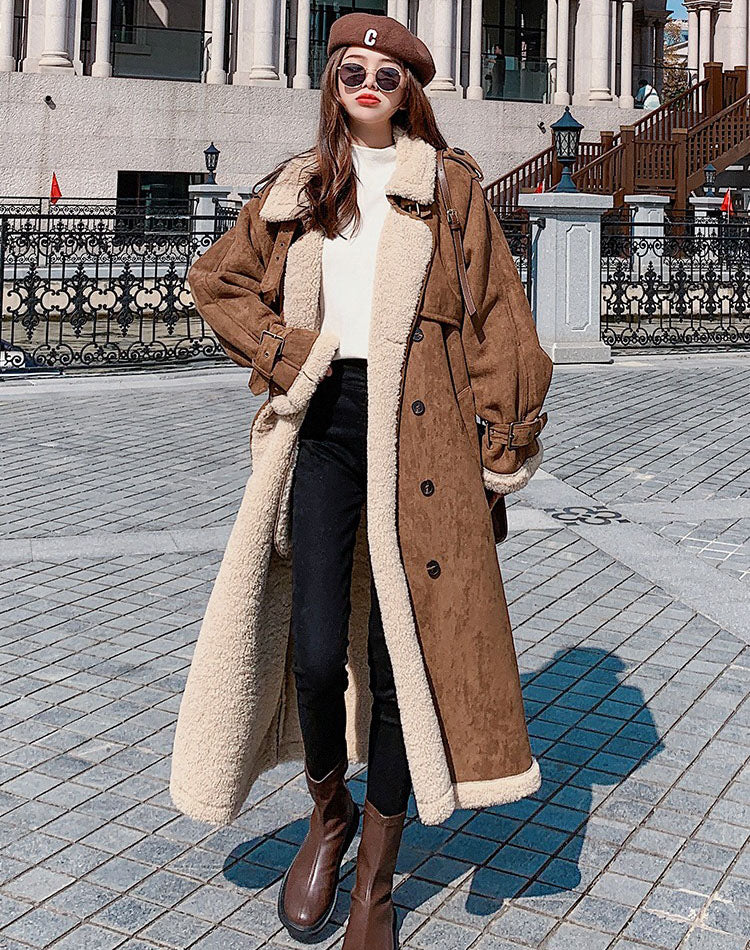 Suede Lamb Wool Cotton Winter Long Fur Integrated Women's Coat - Harmony Gallery