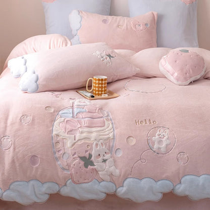 Cute Cartoon Rabbit Double-Sided Coral Velvet Warm Four-Piece Bed Set - Harmony Gallery