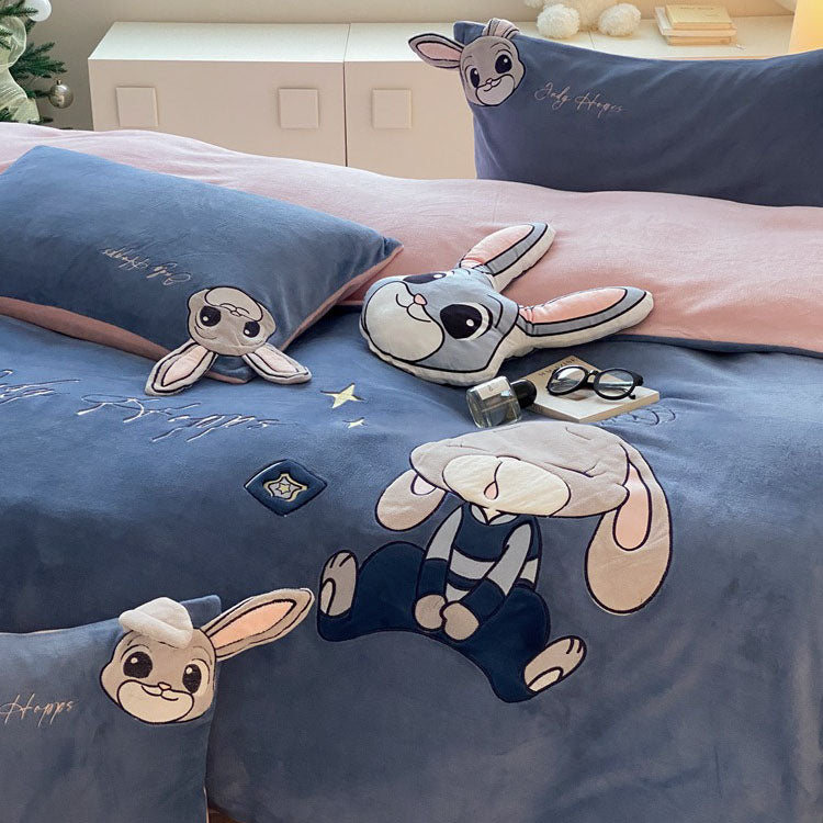 Rabbit Police Disney Four-piece Cartoon Winter Velvet Bed Set - Harmony Gallery