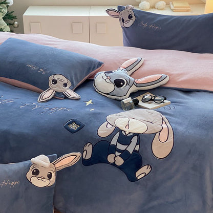 Rabbit Police Disney Four-piece Cartoon Winter Velvet Bed Set - Harmony Gallery