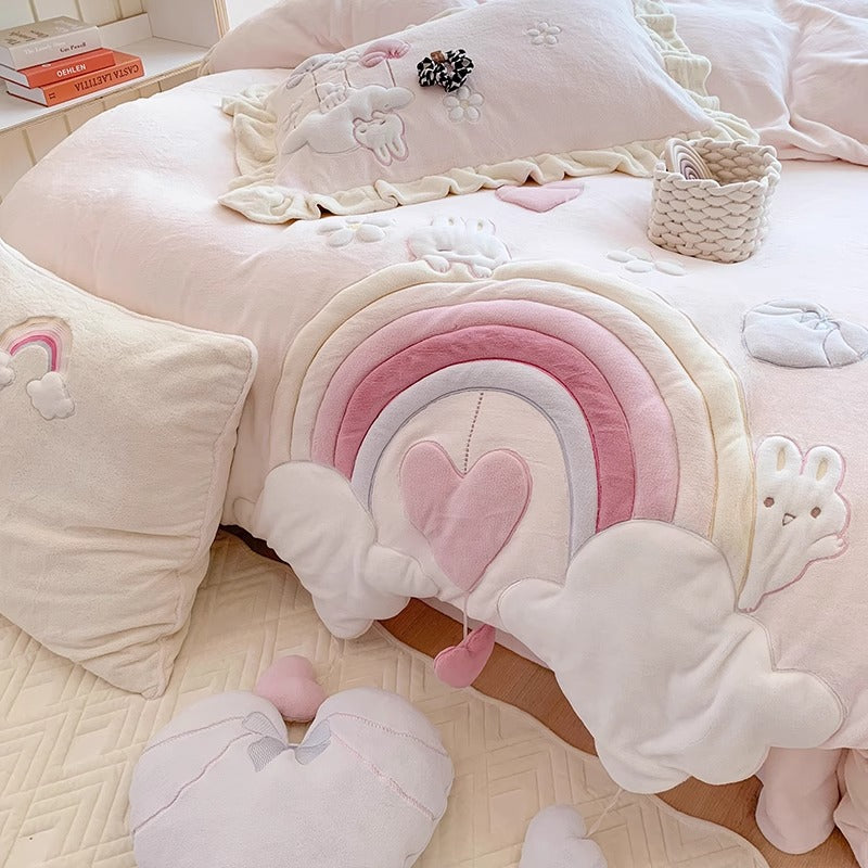 Princess Rainbow Heart Cartoon Cute Coral Velvet Four-Piece Bed Set - Harmony Gallery