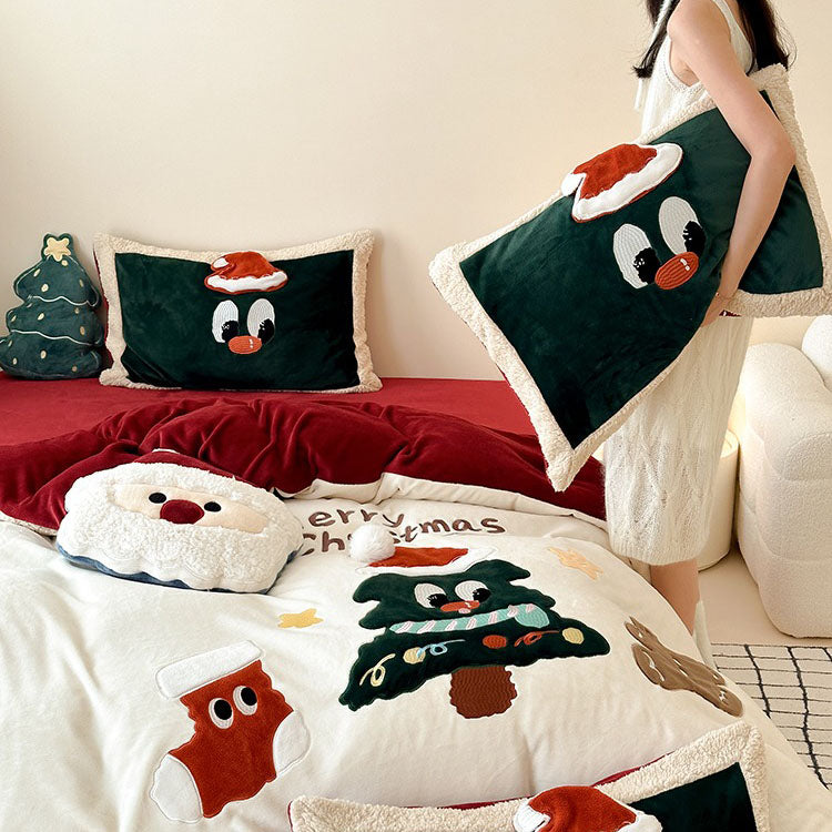 Christmas Tree Cartoon Thickened Warm Four-Piece Coral Velvet Bed Set - Harmony Gallery