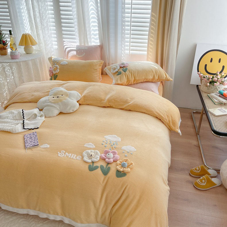 Cute Cartoon four-piece winter Coral Velvet Winter Four-Piece Bed Set - Harmony Gallery