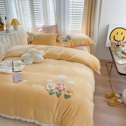 Cute Cartoon four-piece winter Coral Velvet Winter Four-Piece Bed Set - Harmony Gallery