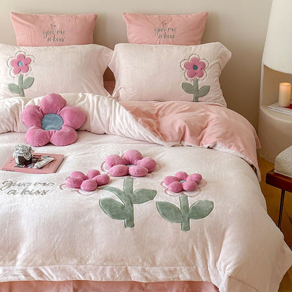 Girly Heart Flower Double-Sided Velvet Warm Four-Piece Bed Set - Harmony Gallery