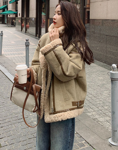 Lamb Wool Cotton Fur One-Piece Short Winter Suede Women's Coat - Harmony Gallery