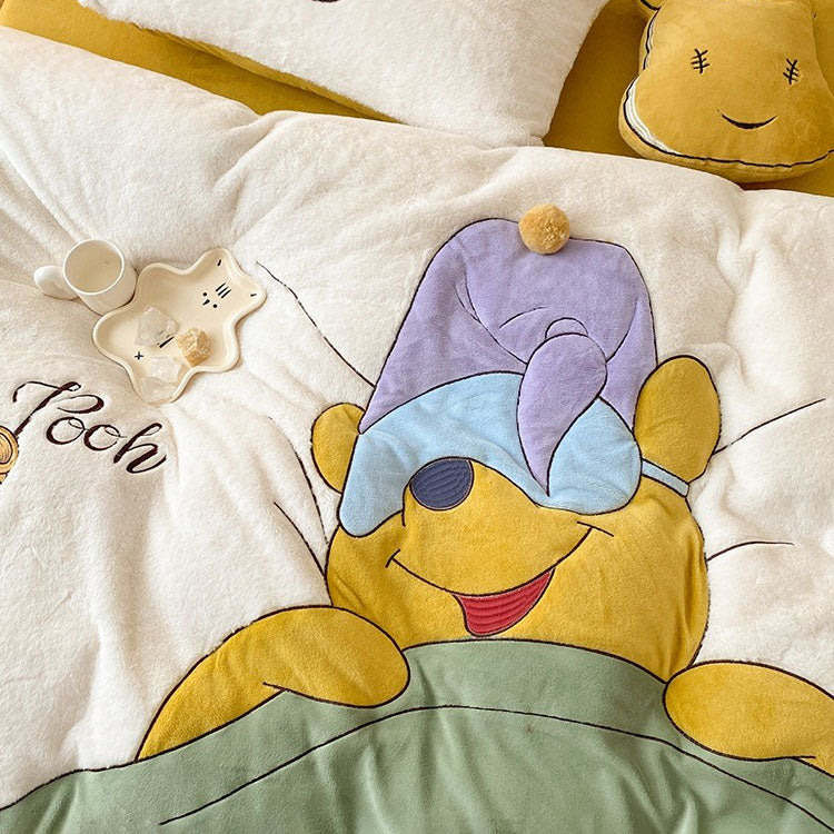 Winnie The Pooh Thickened Coral Velvet Winter Four-Piece Bed Set - Harmony Gallery