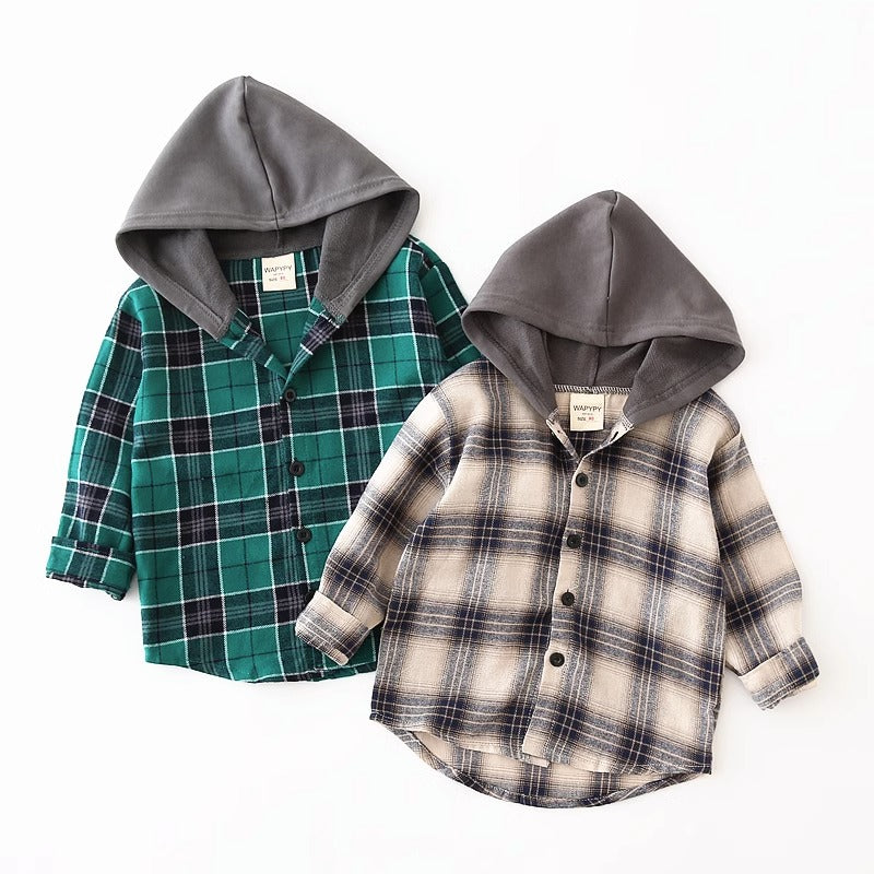 Plaid Hooded Cotton Casual Trendy Baby Boy's Shirt - Harmony Gallery