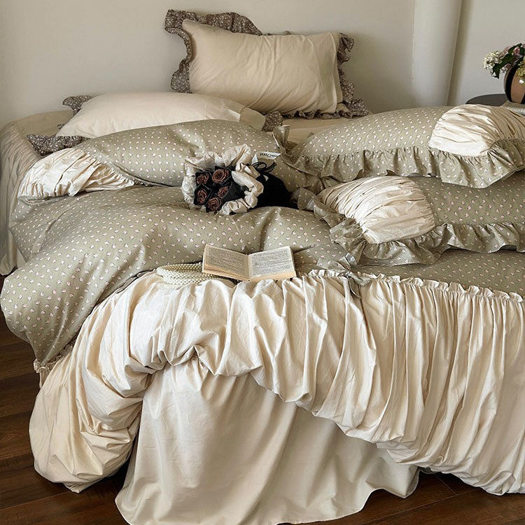 French Floral Princess Pure Cotton Pleated Skirt Four-Piece Bed Set - Harmony Gallery