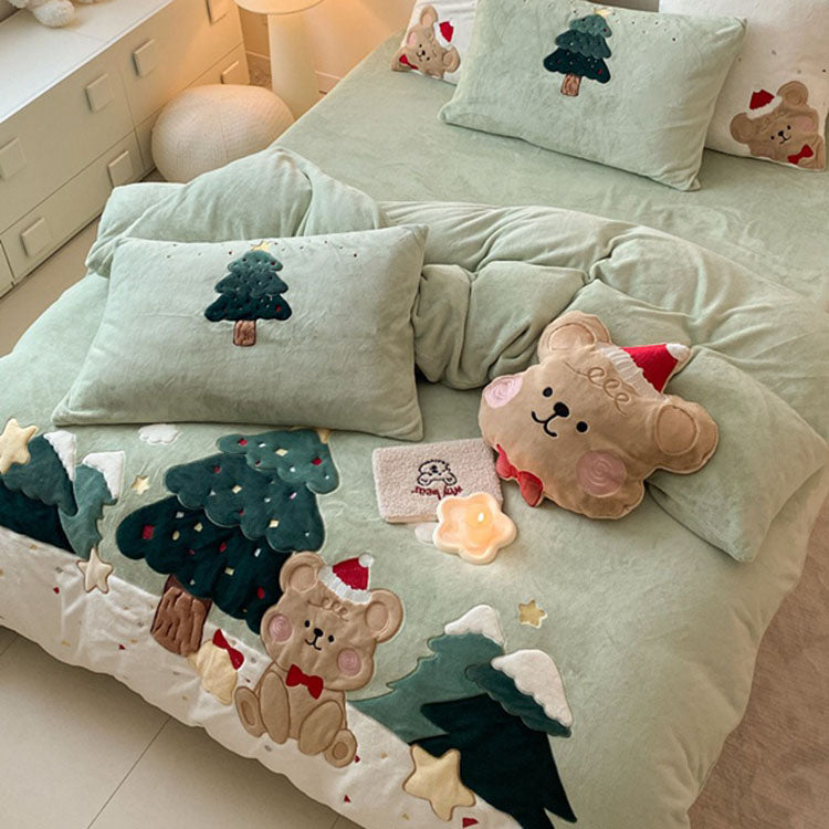 Christmas And Winter Four-Piece Coral Velvet Cute Cartoon Bed Set - Harmony Gallery