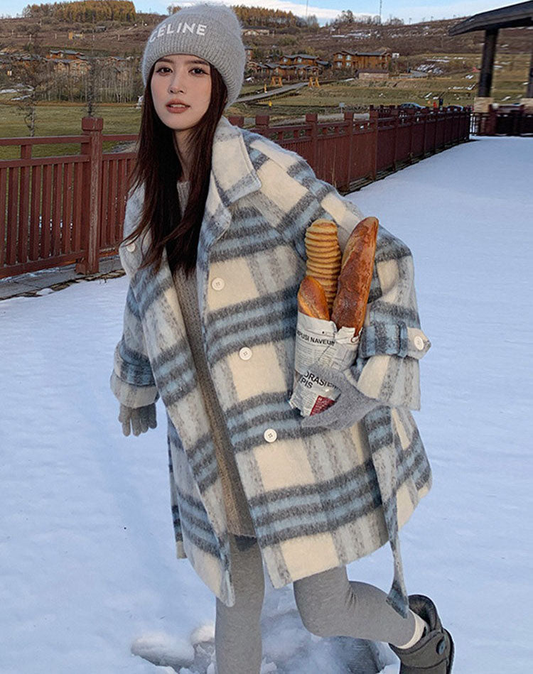 Plaid Retro Woolen High-End Velvet Thickened Winter Women's Coat - Harmony Gallery