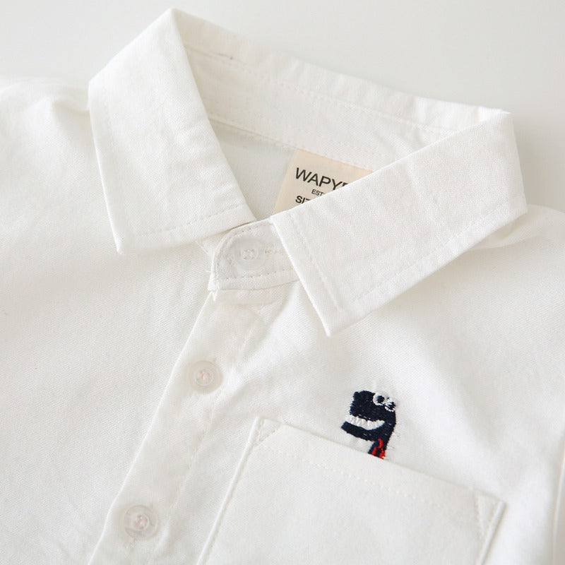 Spring and Autumn Plaid White Cotton Embroidery Dinosaur Boy's Shirt - Harmony Gallery