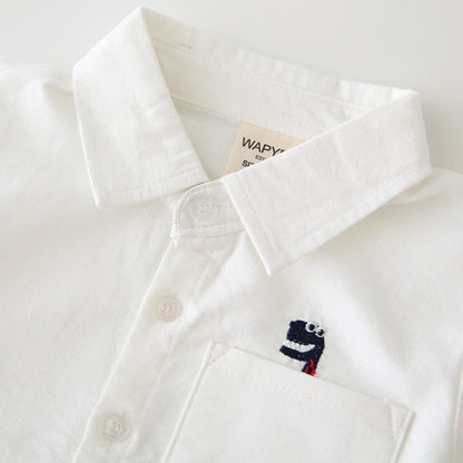 Spring and Autumn Plaid White Cotton Embroidery Dinosaur Boy's Shirt - Harmony Gallery