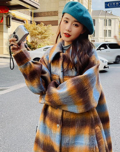 Retro Plaid Woolen Winter Hepburn Forest Velvet Thickened Women's Coat - Harmony Gallery