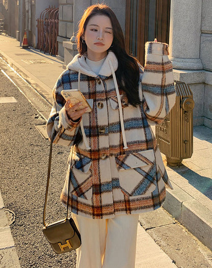 Plaid Hooded Woolen Winter Petite College Thickened Women's Coat - Harmony Gallery