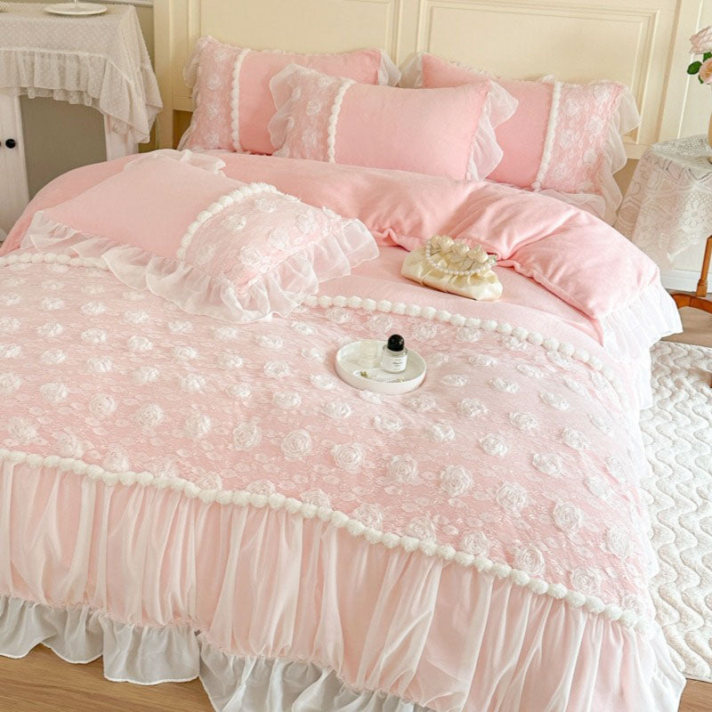 Princess Pleated Lace Winter Coral Velvet Warm Four-Piece Bed Set - Harmony Gallery