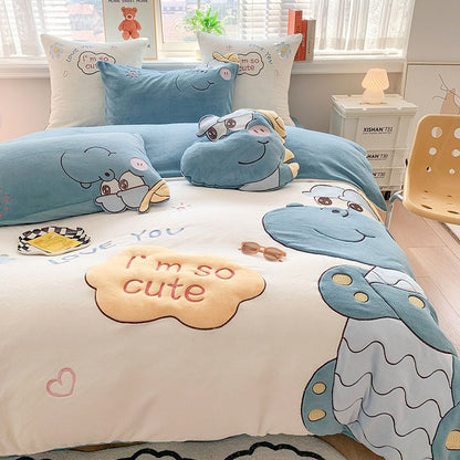 Boy's Dinosaur Cartoon Double-Sided Velvet Winter Four-Piece Bed Set - Harmony Gallery