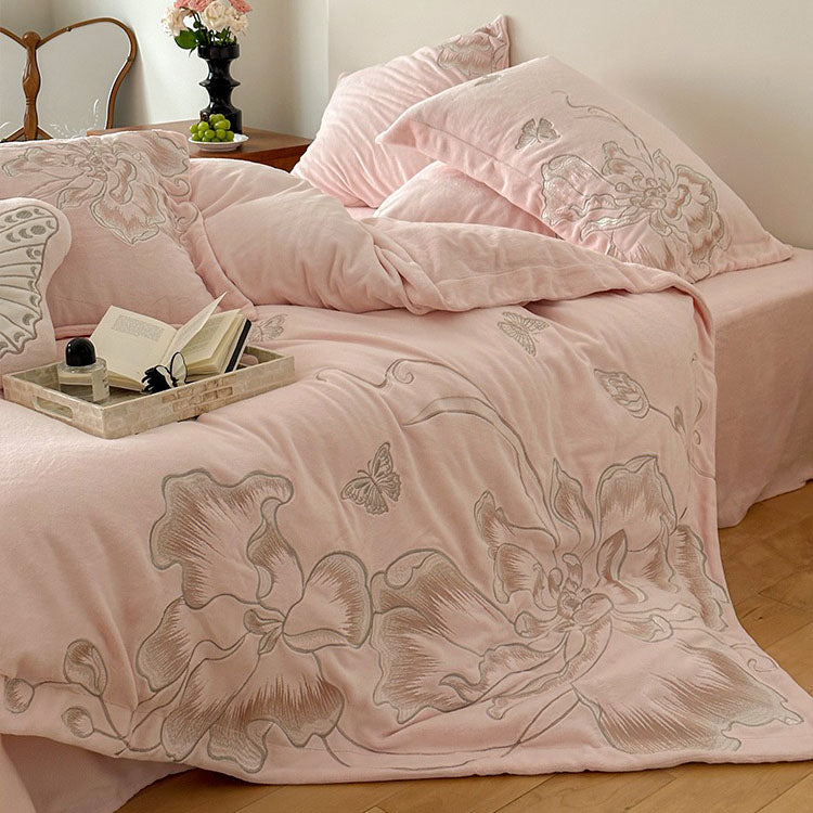 Heart Butterfly Embroidery Warm Coral Velvet Four-Piece Bed Set - Harmony Gallery