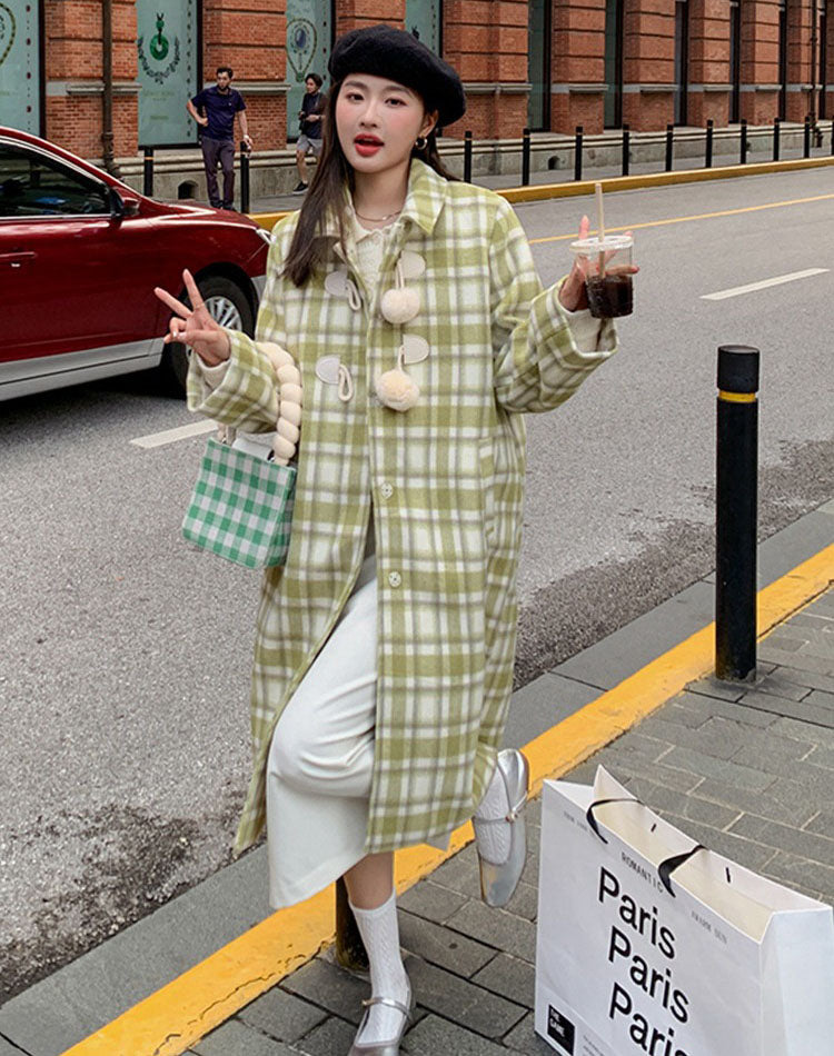 Green Retro Plaid Woolen High-End Thickened Mid-Length Women's Coat - Harmony Gallery