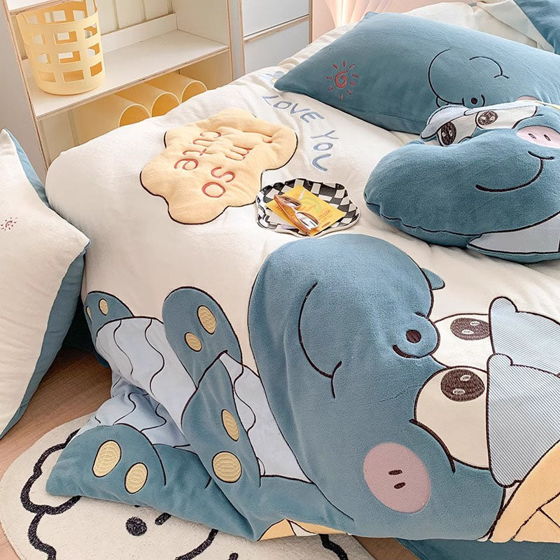 Boy's Dinosaur Cartoon Double-Sided Velvet Winter Four-Piece Bed Set - Harmony Gallery