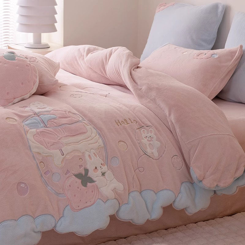 Cute Cartoon Rabbit Double-Sided Coral Velvet Warm Four-Piece Bed Set - Harmony Gallery