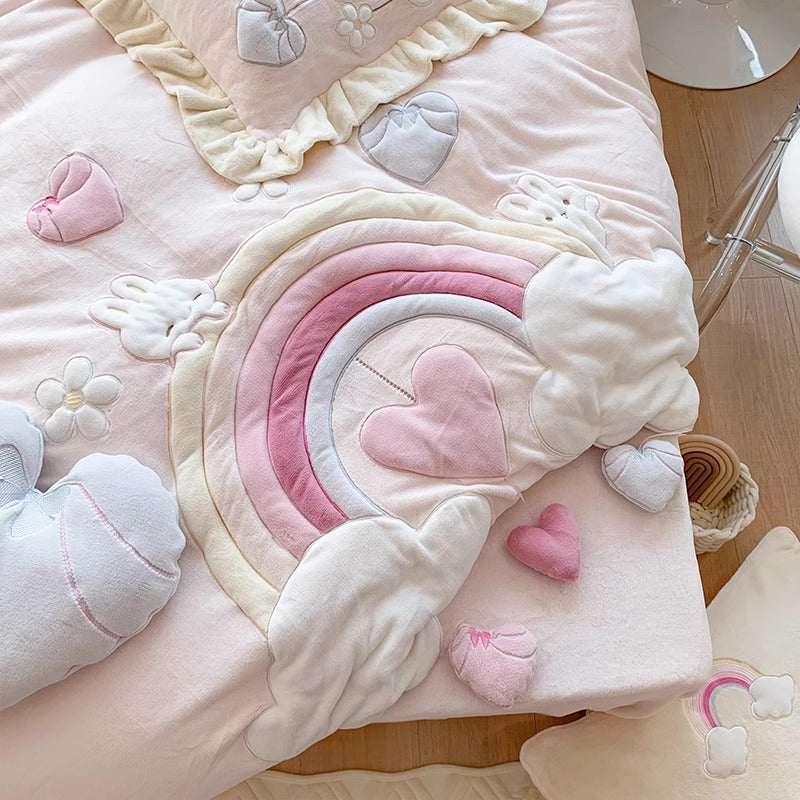 Princess Rainbow Heart Cartoon Cute Coral Velvet Four-Piece Bed Set - Harmony Gallery