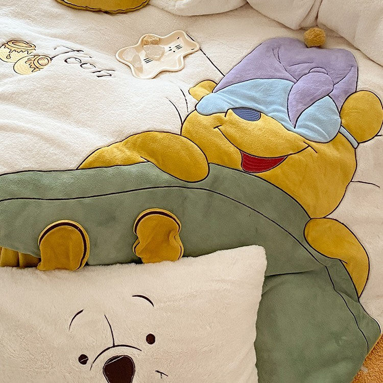 Winnie The Pooh Thickened Coral Velvet Winter Four-Piece Bed Set - Harmony Gallery