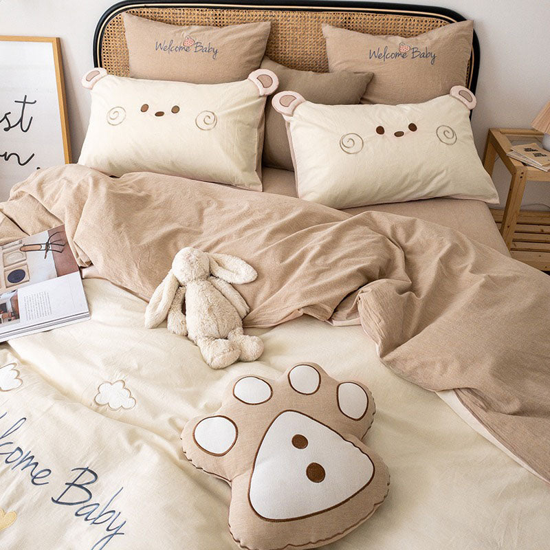 Cartoon Cute Bear Embroidered Pure Cotton Washed Four-Piece Bed Set - Harmony Gallery