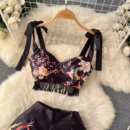 Spring & Summer Retro Printing Strappy Fringed Women's Two-Piece Suit - Harmony Gallery