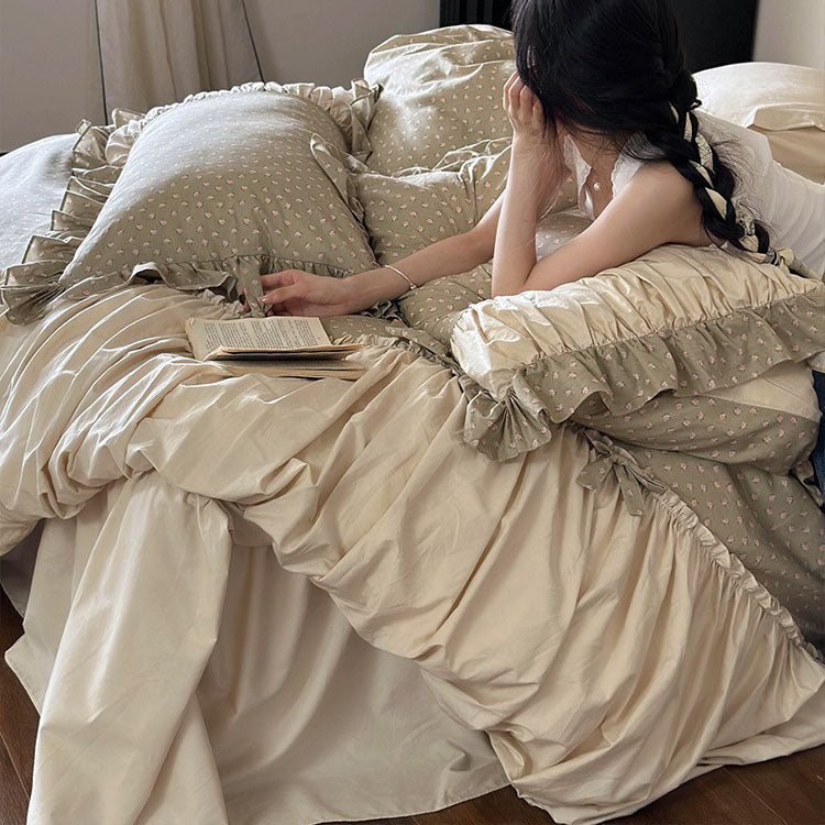 French Floral Princess Pure Cotton Pleated Skirt Four-Piece Bed Set - Harmony Gallery