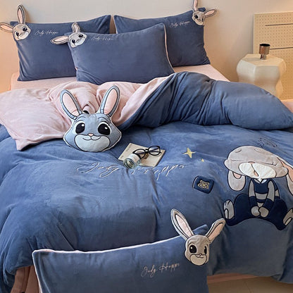Rabbit Police Disney Four-piece Cartoon Winter Velvet Bed Set - Harmony Gallery