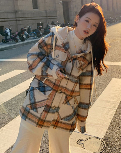Plaid Hooded Woolen Winter Petite College Thickened Women's Coat - Harmony Gallery