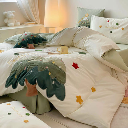 Wish Tree Brushed Towel Embroidered Cotton Warm Four-Piece Bed Set - Harmony Gallery