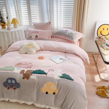 Cute Cartoon four-piece winter Coral Velvet Winter Four-Piece Bed Set - Harmony Gallery