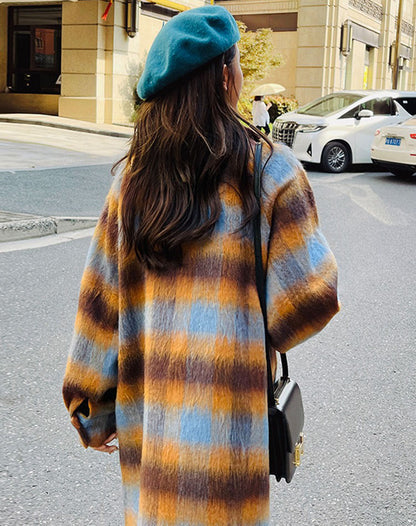 Retro Plaid Woolen Winter Hepburn Forest Velvet Thickened Women's Coat - Harmony Gallery
