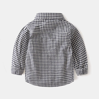 Spring and Autumn Plaid White Cotton Embroidery Dinosaur Boy's Shirt - Harmony Gallery