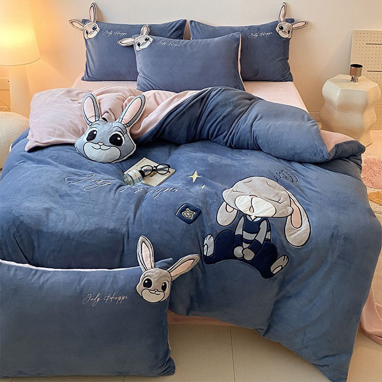 Rabbit Police Disney Four-piece Cartoon Winter Velvet Bed Set - Harmony Gallery