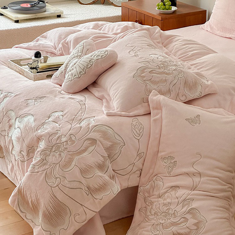 Heart Butterfly Embroidery Warm Coral Velvet Four-Piece Bed Set - Harmony Gallery