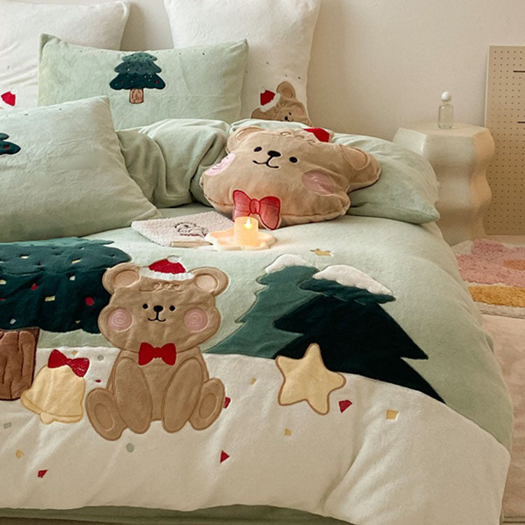 Christmas And Winter Four-Piece Coral Velvet Cute Cartoon Bed Set - Harmony Gallery