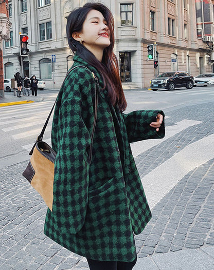 British Green Houndstooth Woolen Hot mid-length Women's Coat - Harmony Gallery