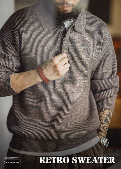 American Retro Knitted Polo Loose Wool Pullover Men's Sweater - Harmony Gallery
