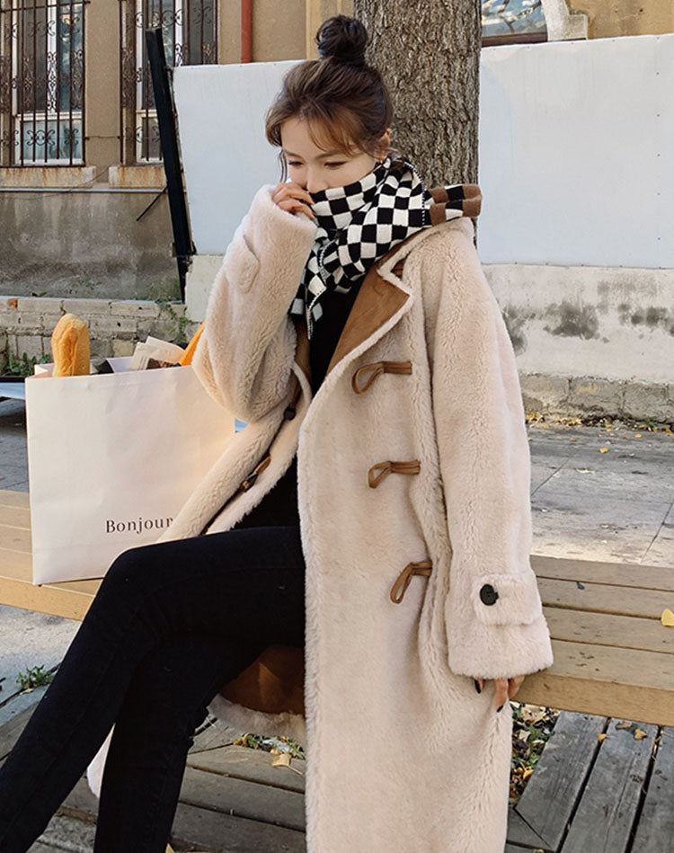 Horn Lamb Fur One-Piece Winter Hooded Cotton Women's Coat - Harmony Gallery