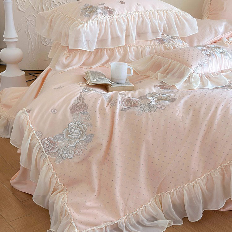 French Princess Cotton Floral Embroidery And Ruffles Four-Piece Bed Set - Harmony Gallery