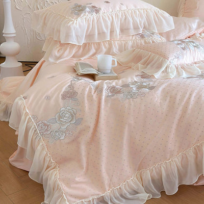 French Princess Cotton Floral Embroidery And Ruffles Four-Piece Bed Set - Harmony Gallery