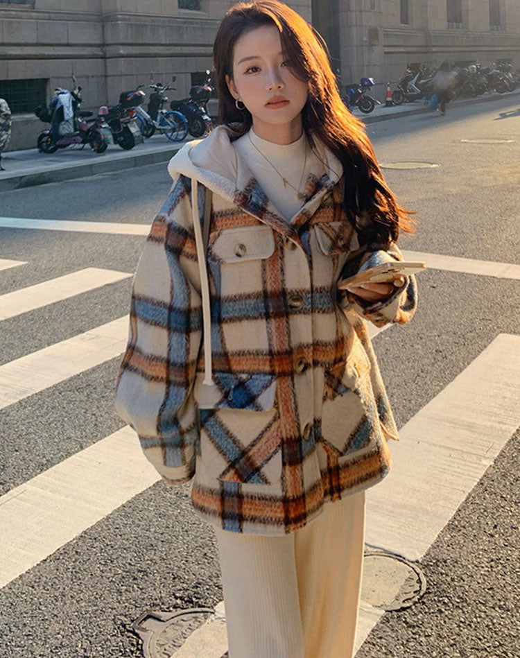 Plaid Hooded Woolen Winter Petite College Thickened Women's Coat - Harmony Gallery