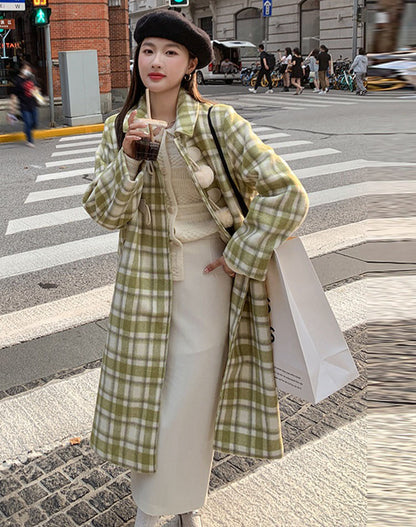 Green Retro Plaid Woolen High-End Thickened Mid-Length Women's Coat - Harmony Gallery
