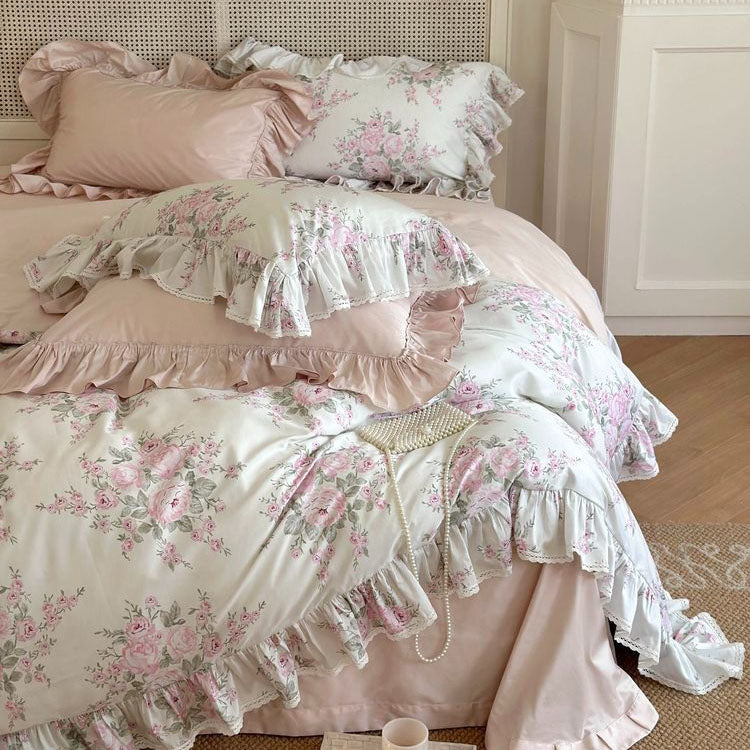 Princess Romantic Pure Cotton Lotus Leaf Lace Four-Piece Bed Set - Harmony Gallery