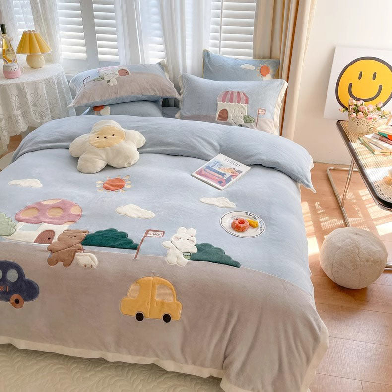 Cute Cartoon four-piece winter Coral Velvet Winter Four-Piece Bed Set - Harmony Gallery