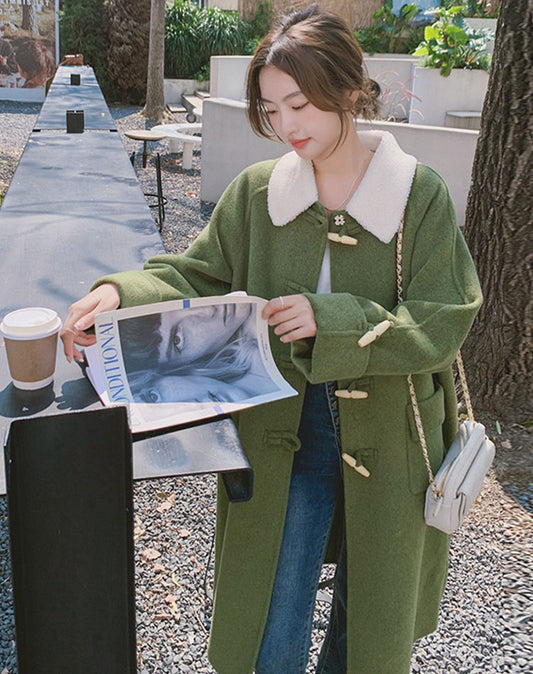 Green Horn Button Woolen Winter Hepburn Thickened Women's Coat - Harmony Gallery