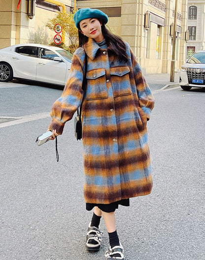 Retro Plaid Woolen Winter Hepburn Forest Velvet Thickened Women's Coat - Harmony Gallery